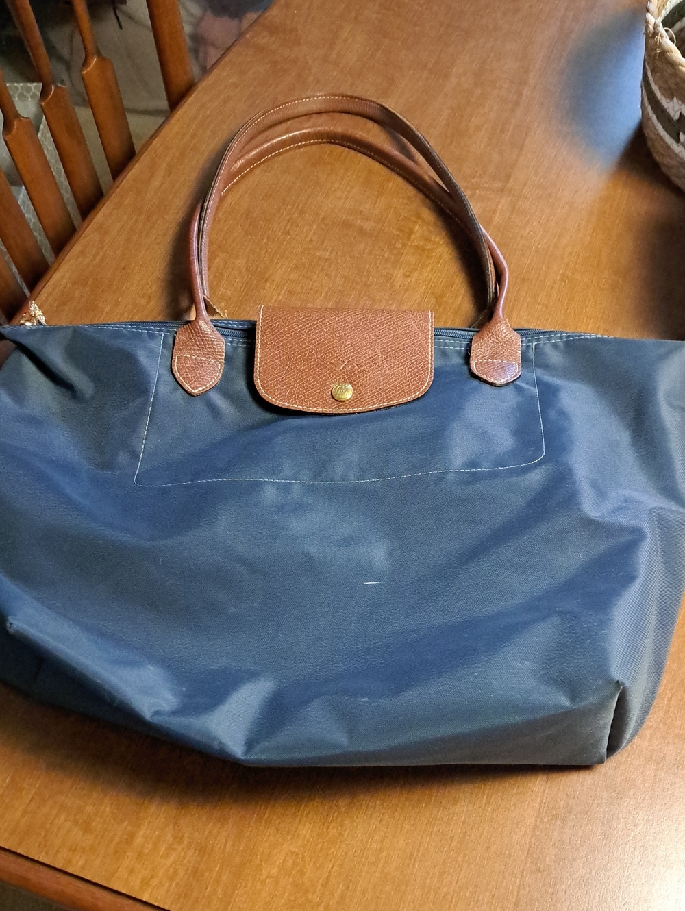 Longchamp Blue Tote Bag with Brown Trim - Women's Shoulder Bag